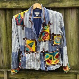 Vintage Anage Embroidered Patchwork Jacket Blazer Multicolor Art Unique Sz Small